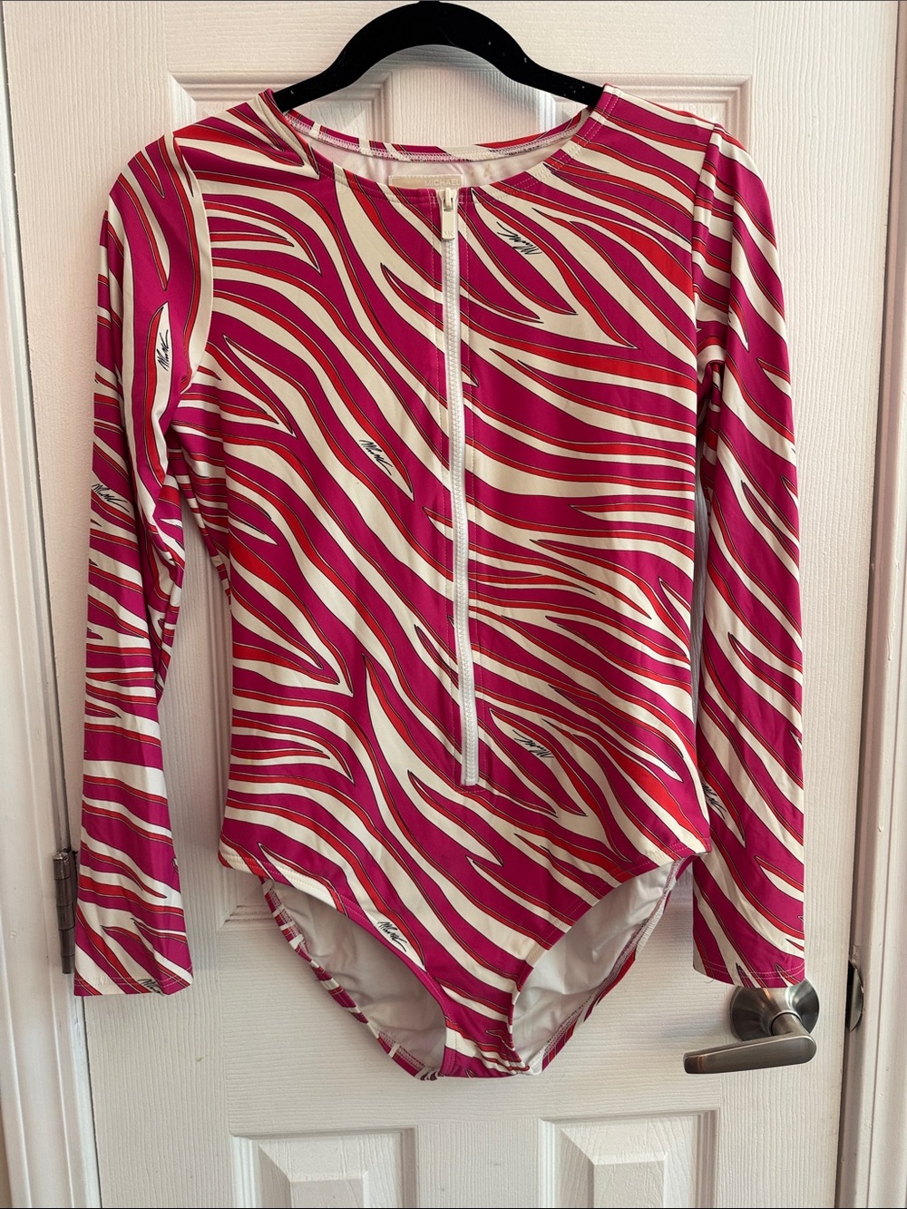 MICHAEL KORS Pink Zebra Print Zip Up Long Sleeve Swimsuit Size 12 - Picture 2 of 6